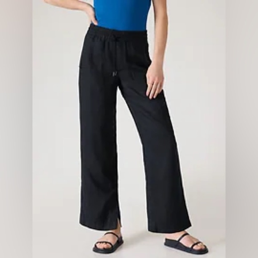 Athleta retreat linen mid rise wide leg pant - black, size S